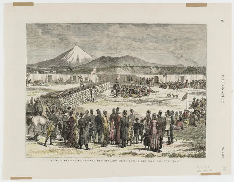 "A Maori Meeting at Waitara, New Zealand - Distributing the Food for the Feast"