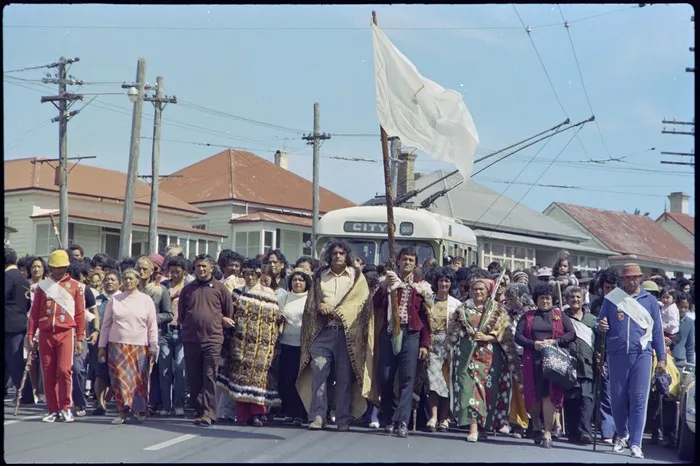 Participants in Māori Land March walking down College Hill, Ponsonby, Auckland