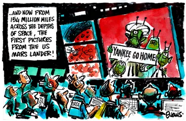 Image: Evans, Malcolm Paul, 1945- :'and now from 154 million miles across the depths of space, the first pictures from the US Mars Lander!'. 6 August 2012