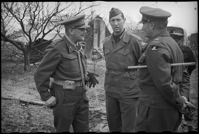 Lieutenant General Sir Bernard Freyberg, General Mark Clark and General Charles Keightley at the NZ Division HQ in Italy - Photograph taken by J Short