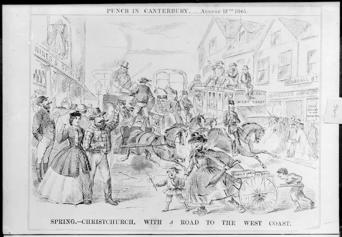 Cartoonist unknown :Spring - Christchurch, with A road to the West Coast. Punch in Canterbury, 12 August 1865.