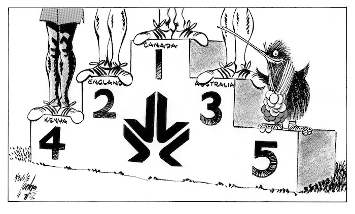 Lodge, Nevile Sidney 1918-1989:[Commonwealth games medal tally - Canada 1, England 2, Australia 3, Kenya 4, Kiwi 5.] Evening Post, 1978.