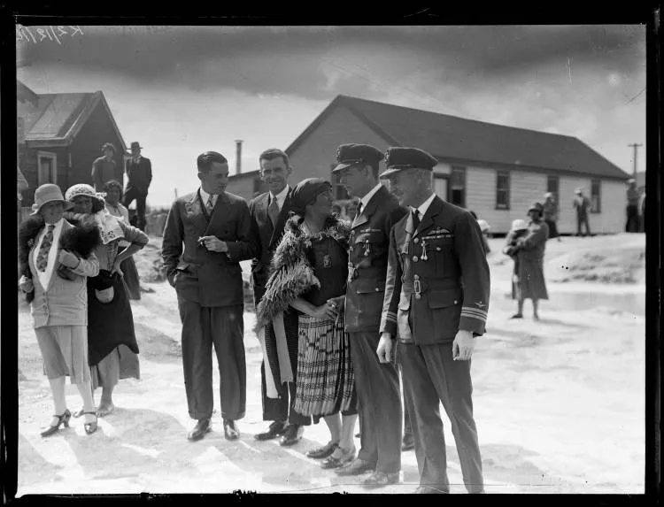 Crew of the Southern Cross and Guide Bella, Whakarewarewa, 1928