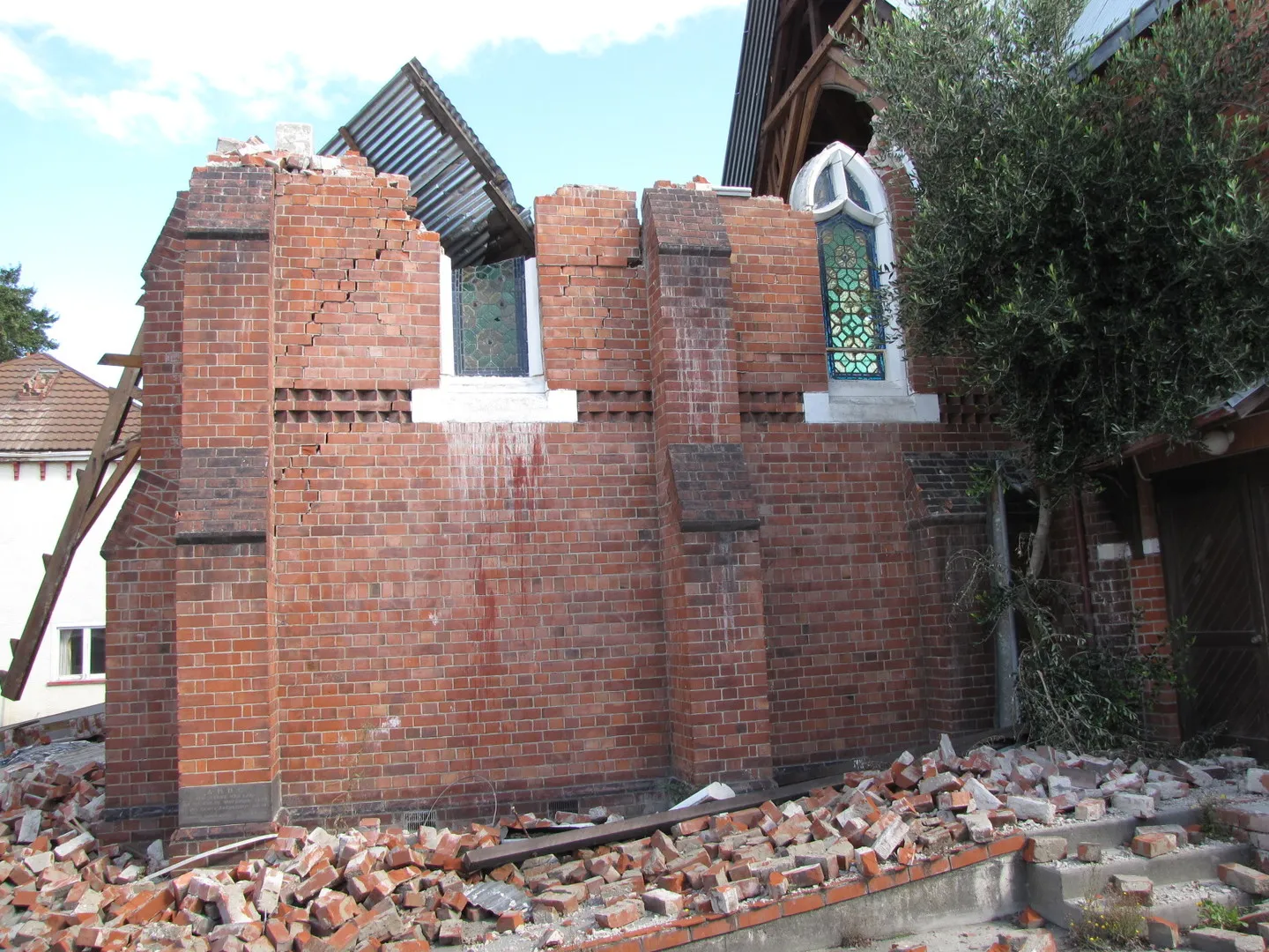 Collapsed church roof and wall