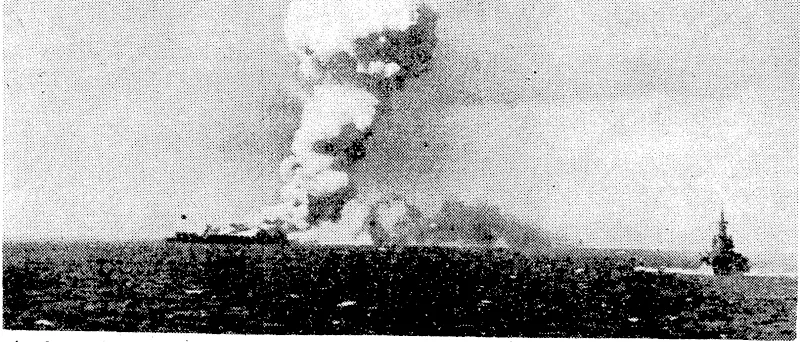 A column of smoke rising from the light American carrier Princeton after she had-been hit by Japanese bombs, which set off internal explosions. After a great majority of the carrier's personnel' had been removed, some by the United States warship standing by on the right, the Princeton was sunk, by the guns of Allied warships. (Evening Post, 10 January 1945)