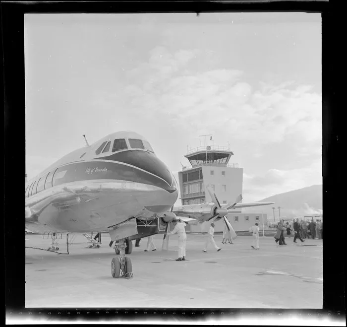Vickers Viscount ZK-BWO, City of Dunedin, on the tarmac at Dunedin Airport opening