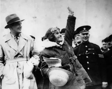 Image: Jean Batten waving to supporters on Australian tour