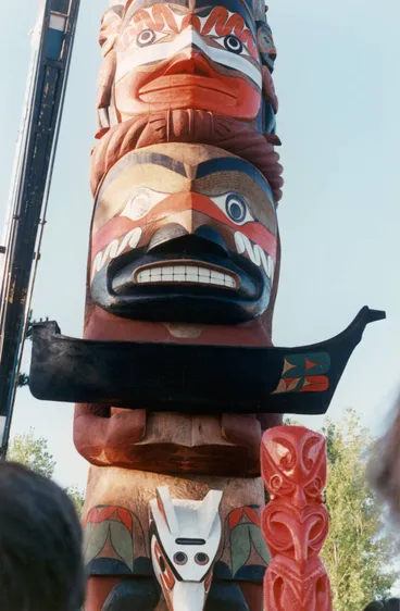 Erection of the totem pole at Awataha Marae. Image: Erection of the totem pole at Awataha Marae.