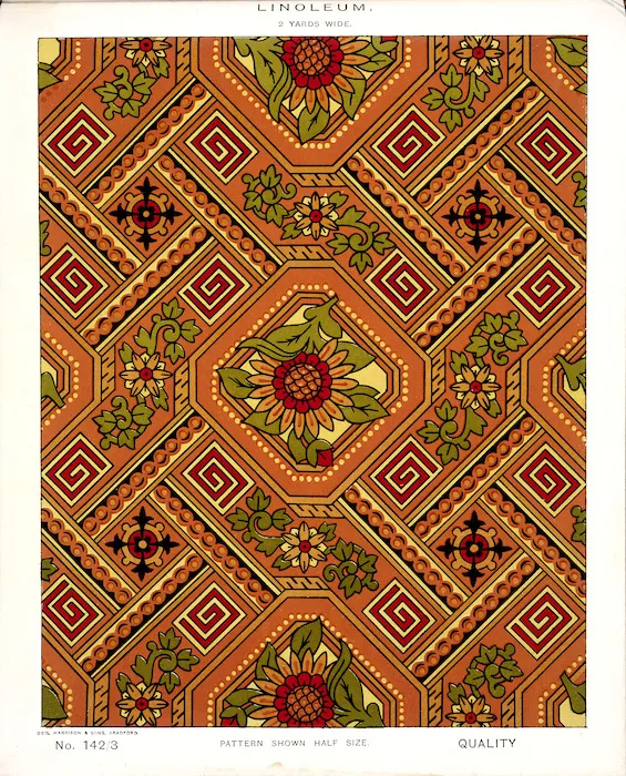 George Harrison & Co (Bradford) :Linoleum, 2 yards wide. [Victorian chinoiserie floral and leaf pattern]. No. 142/3. Pattern shown half size. [1880s?]