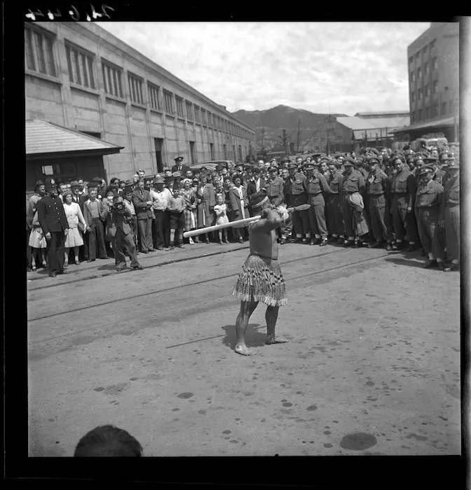 Sergeant Major Anania Amohau performing the wero for the Maori Battalion, upon their arrival in Wellington