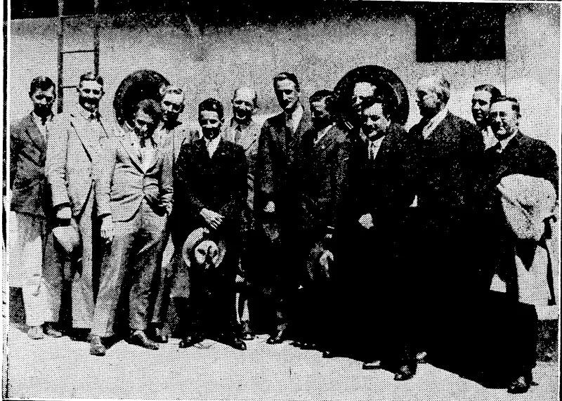 ARRIVAL OF OSCAR GARDEN. '" The aviator, who is standing eighth from the left, photographed on board the Ulimaroa, with members of the Wellington Aero Club. * (Ellesmere Guardian, 02 December 1930)