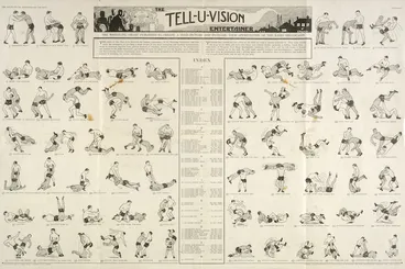 Image: The Tell-U-Vision entertainer; the wrestling chart published to create a mind picture and increase your appreciation of the radio broadcasts / [illustrated by] F. Palmer. Printed at the Observer Printing Works, 12 Wyndham Street, Auckland. [1930s?]