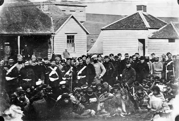 Image: Maori prisoners with soldiers, Rutland Stockade, Queen's Park, Wanganui