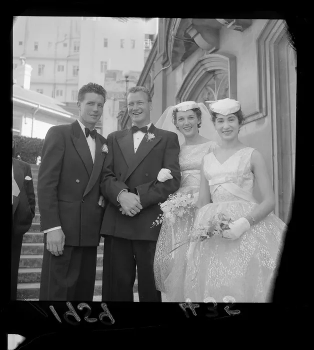 Charlie Beaton and Miss Marjorie Mumms on their wedding day with unidentified bridesmaid and best man, Wellington