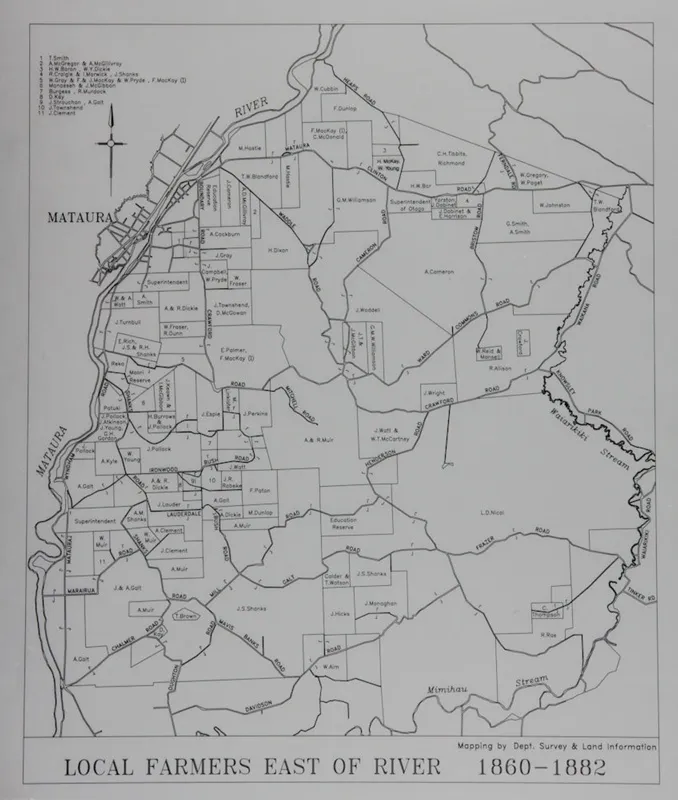 Map of Mataura Farm Locations [Showing Farmers East of the River, 1860-1882]