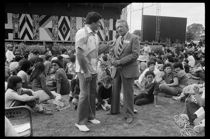 Photograph of Howard Morrison interviewing John Rangihau