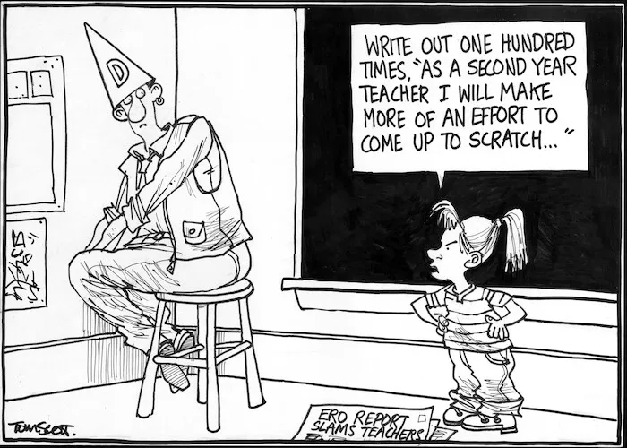 Scott, Thomas, 1947- :Write out one hundred times, "As a second year teacher I will make more of an effort to come up to scratch..." Dominion Post, 30 September 2004.