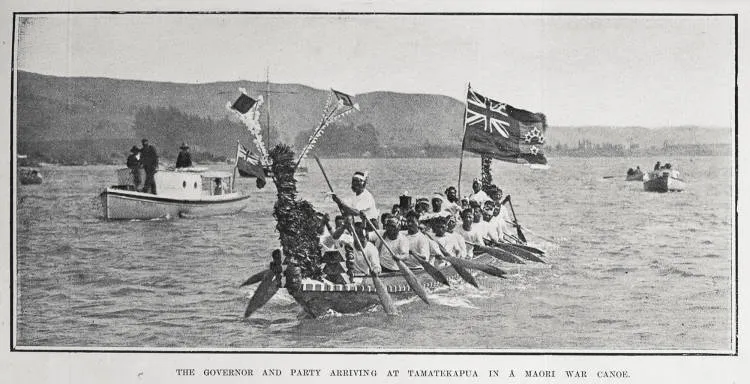 The Governor and party arriving at Tamatekapua in a Māori war canoe