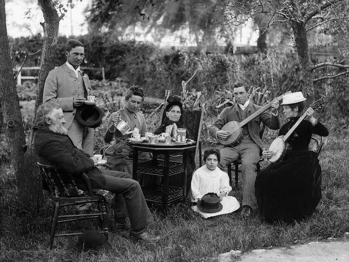 Lydia Myrtle Williams, and members of the Mountfort family, at afternoon tea