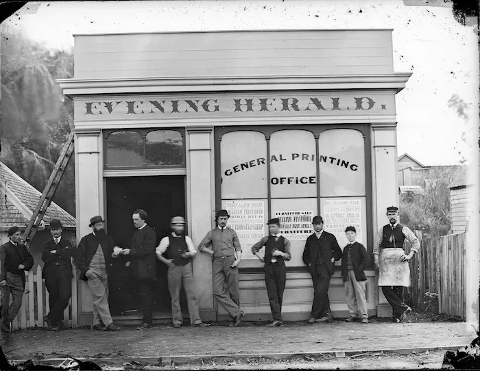 Group outside the Evening Herald office in Campbell Place, Wanganui