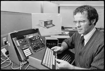 Image: Neil Scott of Wellington Polytechnic with computer system under development - Photograph taken by John Nicholson