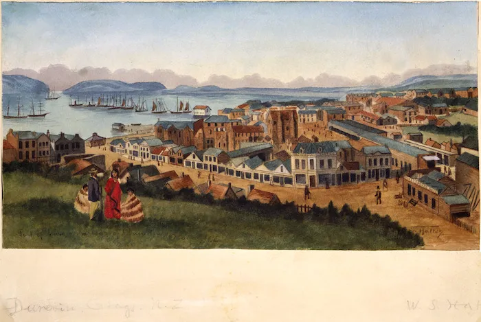 Hatton, Walter Scarlett, 1873-1938 :Part of town & harbour of Dunedin, Otago, N.Z. [1861]