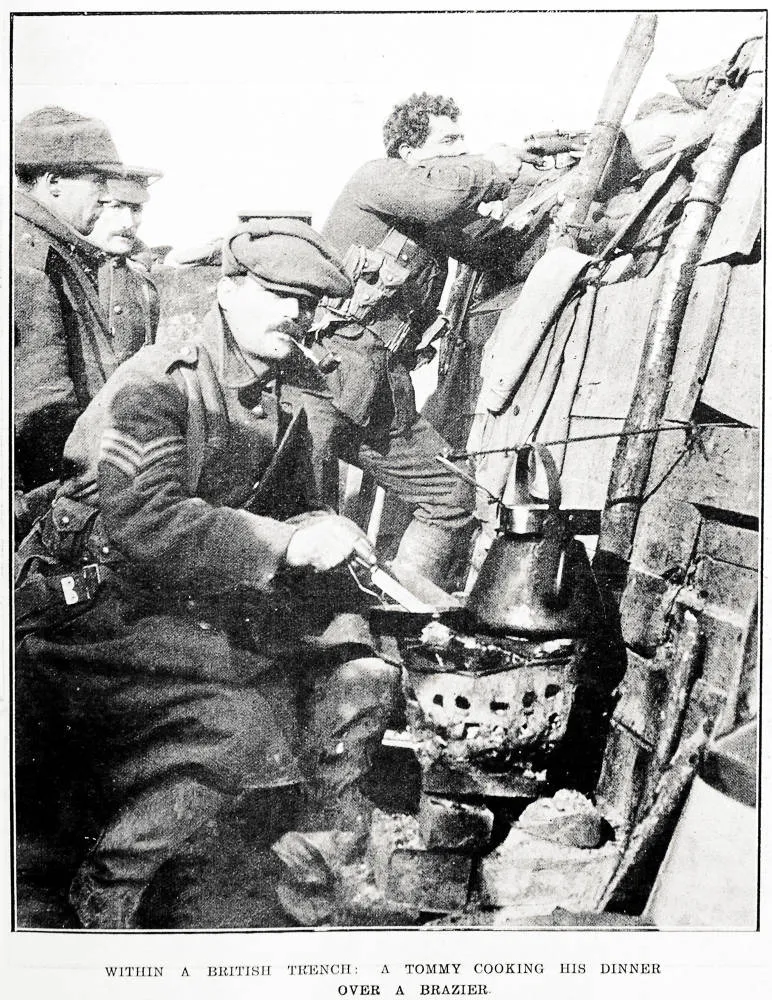 Within a British trench: a Tommy cooking his dinner over a brazier