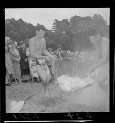Image: Tourists watching two unidentified young men dressed in piupiu lifting out food from a hangi, [Wellington area?]