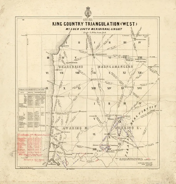 New Zealand. General Survey Office : King Country triangulation (West) Mt Eden South Meridional Circuit [map with ms annotations]. 1893