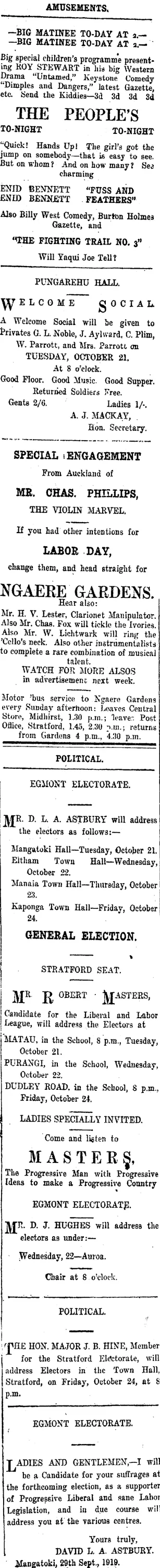 Page 1 Advertisements Column 2 (Taranaki Daily News 21-10-1919)