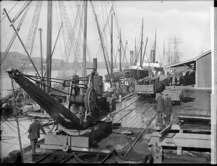 Town wharf, Wanganui, with crane in foreground