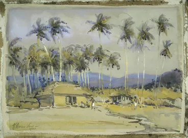 Image: Vane, Kathleen Airini, 1891-1965 :[Samoan huts among the palm trees]. 1921.