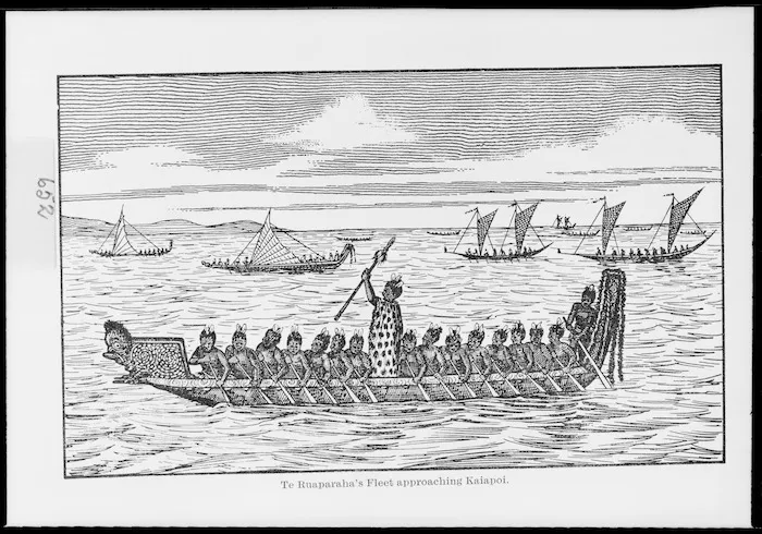 [Gibb, William Menzies] 1859-1931 :Te Rauparaha's fleet approaching Kaiapoi. [1829. Drawn in 1892 and redrawn in 1940]