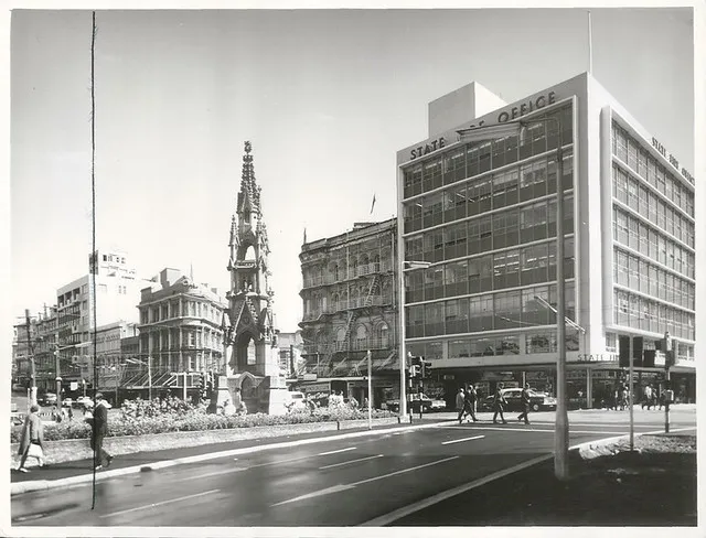 The Rattray and Princes Street Intersection, showing the old Exchange Tower and the new State Office, Dunedin City, Otago