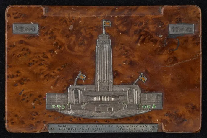 [Plaque]. J W Heenan esq. C.B.E. An appreciation from Edmund Anscombe, F.N.Z.I.A. N.Z. Centennial Exhibition 1840-1940.
