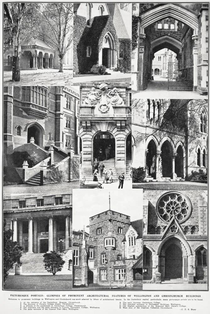 Picturesque portals: glimpses of prominent architectural features of Wellington and Christchurch buildings