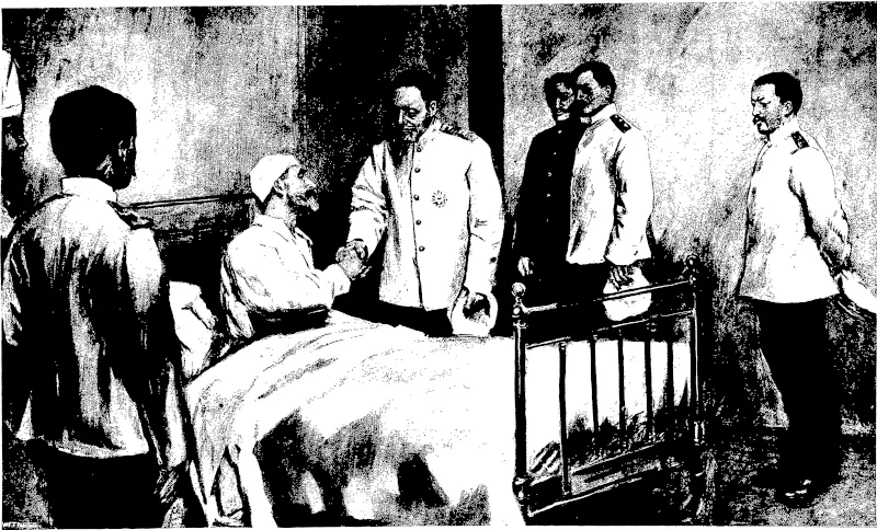 THE LATE RUSSO-JAPANESE WAR: ADMIRAL TOGO PAYING A VISIT OP CONDOLENCE TO HIS WOUNDED RIVAL, ADMIRAL ROZHDESTVENSKY. IN THE  -From the Graphic. ' " NAVAL HOSPITAL AT SASEBO.  Very shortly after the famous Battle of Tsu Shinia, in the Sea of Japan, Admiral Togo visited Admiral Rozhdestvensky in the naval hospital at Sasebo. Alluding to the Russian admiral's wounds, Admiral Togo expressed his sincere sympathy, and praised the desperately courageous fight which the Russians had offered, adding that he hoped Admiral Rozhdestvensky would soon be able to return to Russia. Admiral Rozhdestvensky, deeply moved, thanked his visitor, and congratulated Japan upon the courage and patriotism of her sailors, saying that it lessened his regret and sorrow at the defeat to know the high character of the victors. (Otago Witness, 20 September 1905)