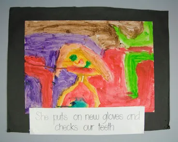 Image: Child's painting: 'She puts on new gloves and checks our teeth'