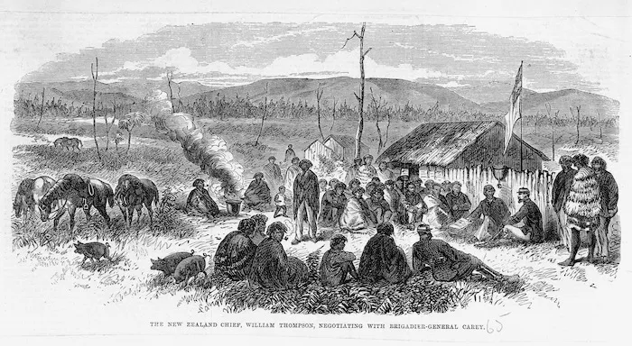 Illustrated London news :The New Zealand chief William Thompson, negotiating with Brigadier-General Carey. [London, 1865]