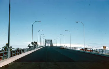 Image: Car on Auckland Harbour Bridge shortly before the bridge was opened, 1959