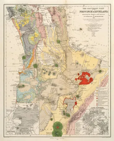 Image: The southern part of the Province of Auckland showing the routes and surveys by Ferdinand von Hochstetter, 1859 from the original drawings, sketches and measurements by Dr von Hochstetter and the admiralty surveys by Stokes and Drury, compiled by A. Peterman. Gotha, Justus Pertes, 1864