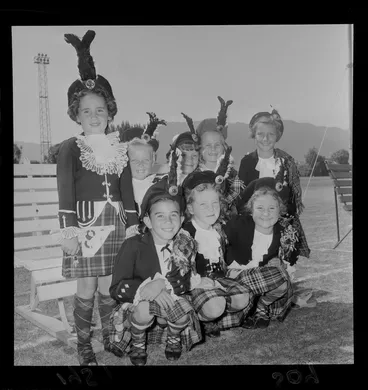 Image: Group of children in scottish highland dancing costume, at Hutt Recreation Ground, Lower Hutt