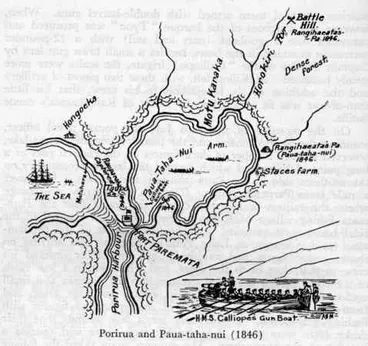 Image: 1846 map of Wellington war sites around Pāuatahanui
