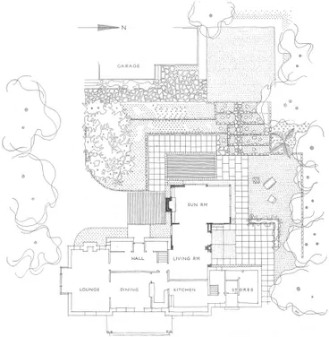 Image: Black and white line drawing of house floorplan, designed by E. A. and Anna Plischke