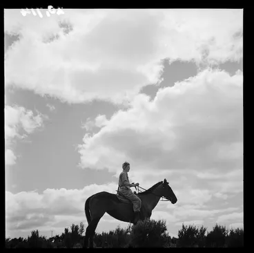 Image: Land girl, June Matthews, on horseback, Mangaorapa, Hawke's Bay