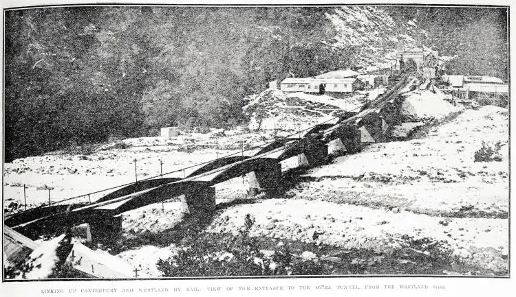 Linking up Canterbury and Westland by rail: view of the entrance to the Otira tunnel, from the Westland side
