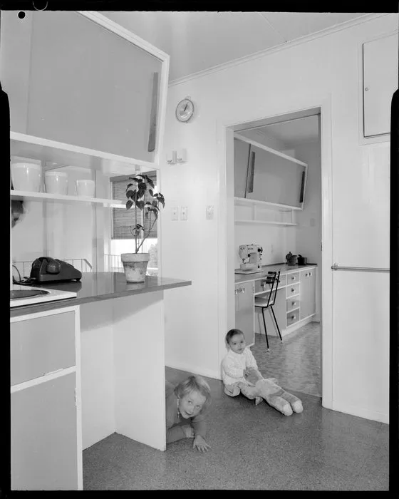 House interior, kitchen and sewing room, Shuker house, Titahi Bay, Porirua