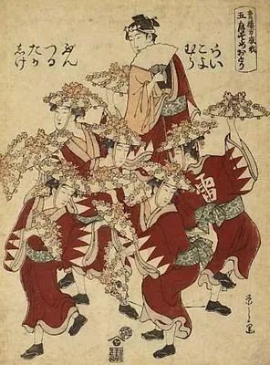 Five children performing the dance of the Fifth Month, a lady with a fan looks on