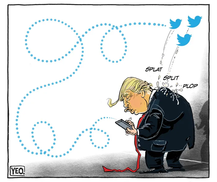 Three Twitter birds poop on President Donald Trump as he tweets