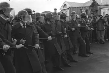 Line up of police with batons, Eden Park. Anti Springbok Tour demonstration Image: Line up of police with batons, Eden Park. Anti Springbok Tour demonstration